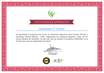 Certificado Final de Aprobación - Nutrición Deportiva para Fuerza, Fitness y Combate