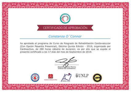 Certificado de Curso de Posgrado de Rehabilitación Cardiovascular