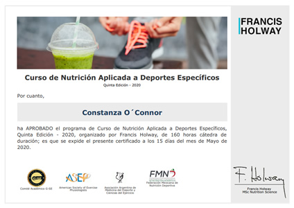 Certificado de Asistencia - Curso de Nutrición Aplicada a Deportes Específicos