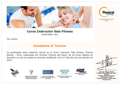 Certificado de Asistencia de Instructor Sala Fitness