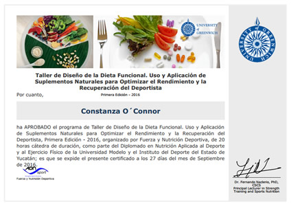 Certificado Final de Asistencia de Taller de Diseño de la Dieta Funcional